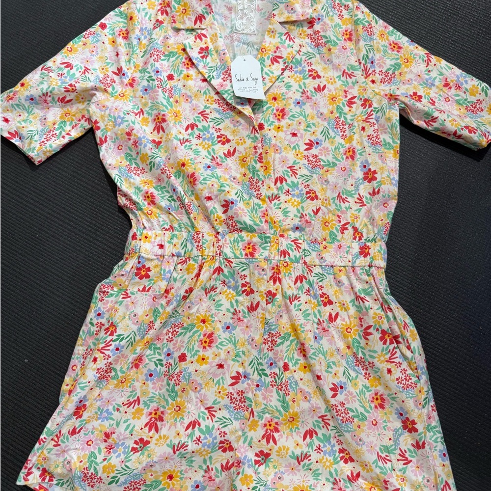 Pink and Blue Floral Romper with Notched Collar